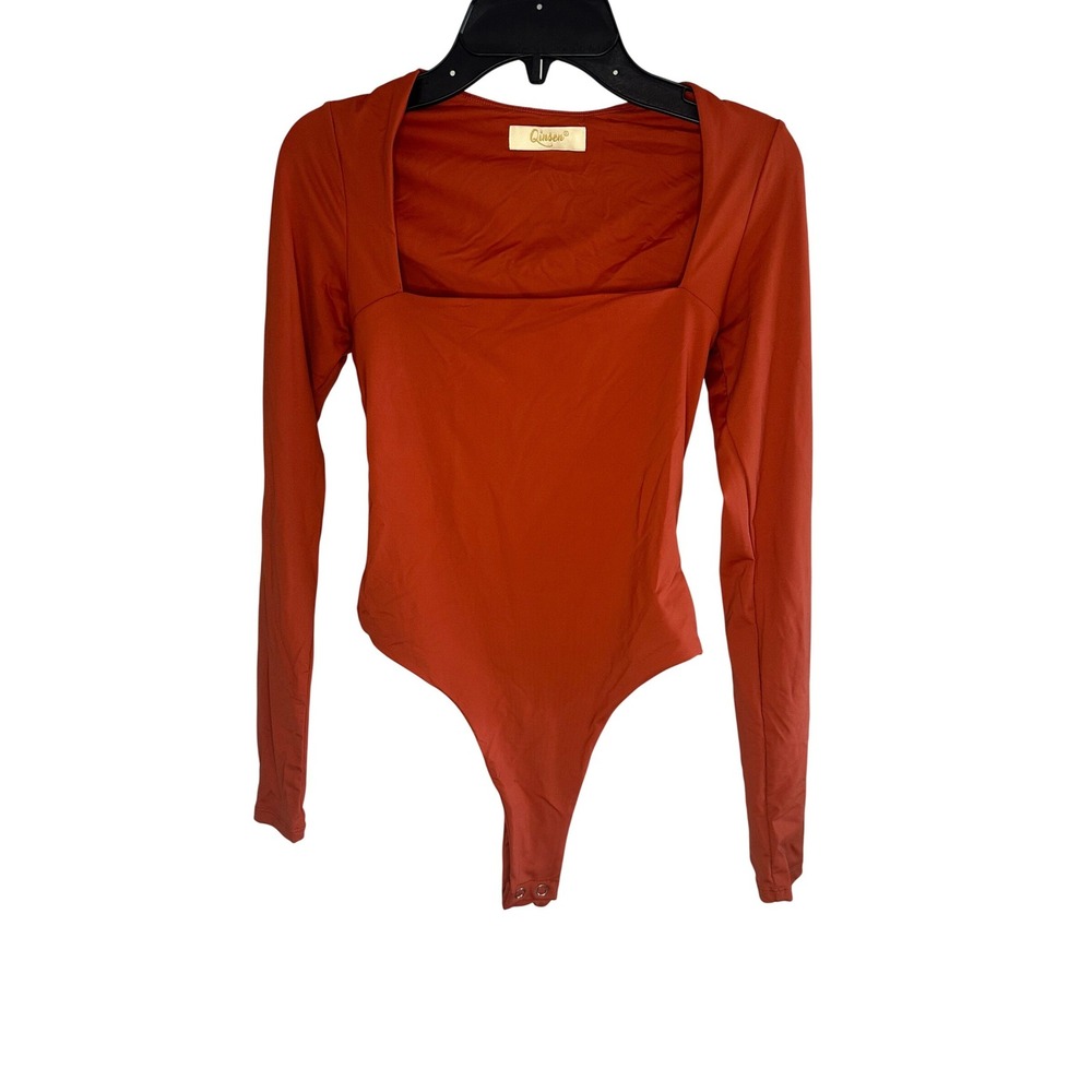 Qinsen Terracotta Square‎ Neck Long Sleeve Thong Bodysuit Women's XS